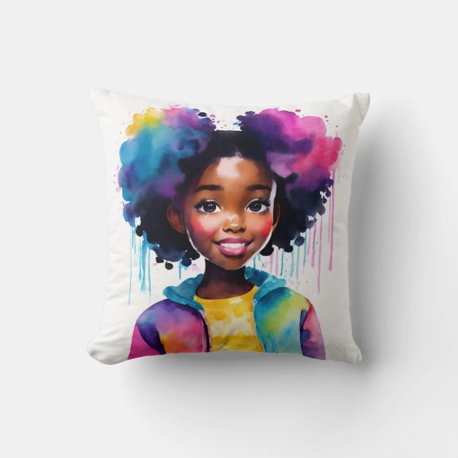 Afro Puffs Black Girl Rainbow Hair Cushion (Front)