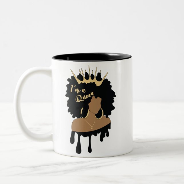 Afro Queen Black African American Woman Two-Tone Coffee Mug (Left)