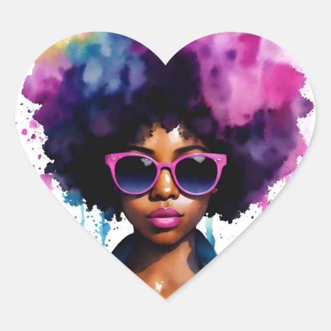 Afro Rainbow Hair Black Woman Sunglasses Art Heart Sticker (Front)