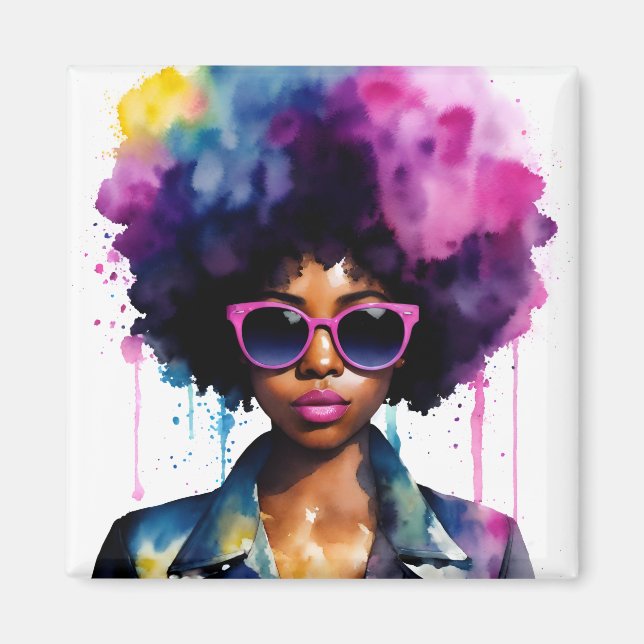 Afro Rainbow Hair Black Woman Sunglasses Magnet (Front)