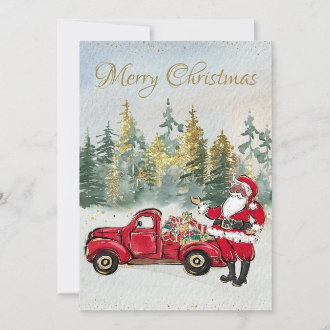 Afro Santa Claus and Red Truck Christmas Card (Front)