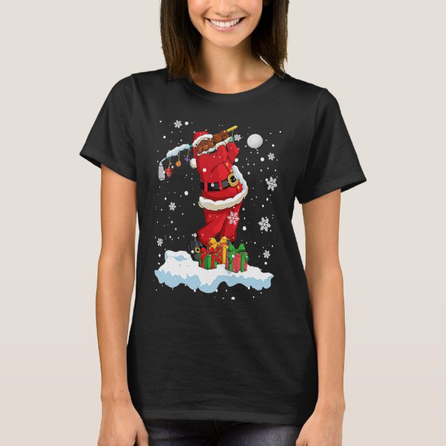 Afro Santa Playing Golf Xmas Black Afro Golf Playe T-Shirt (Front)