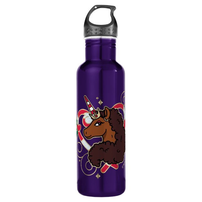 Afro Unicorn Candy Cane Heart Holiday 710 Ml Water Bottle (Front)
