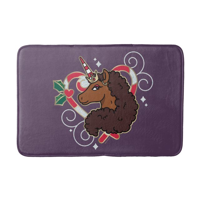 Afro Unicorn Candy Cane Heart Holiday Bath Mat (Front)