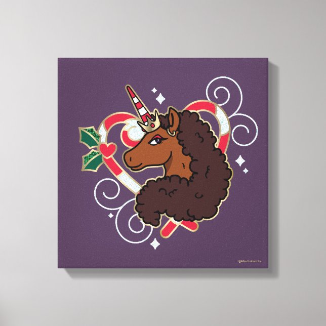 Afro Unicorn Candy Cane Heart Holiday Canvas Print (Front)