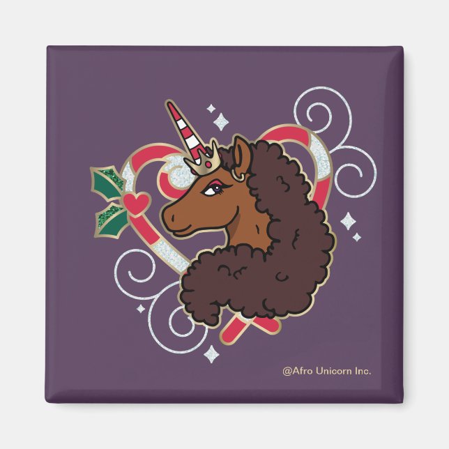 Afro Unicorn Candy Cane Heart Holiday Magnet (Front)