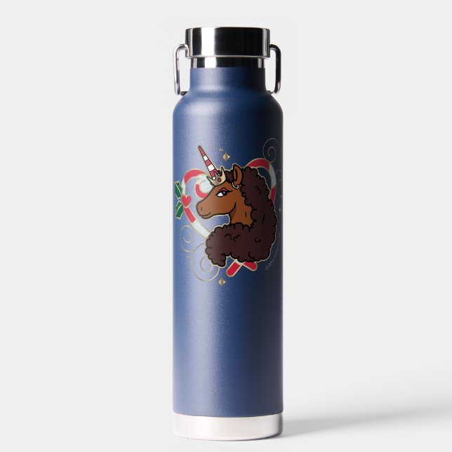 Afro Unicorn Candy Cane Heart Holiday Water Bottle (Front)