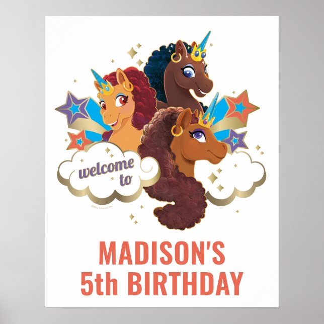 Afro Unicorn Girl's Birthday Welcome Sign (Front)