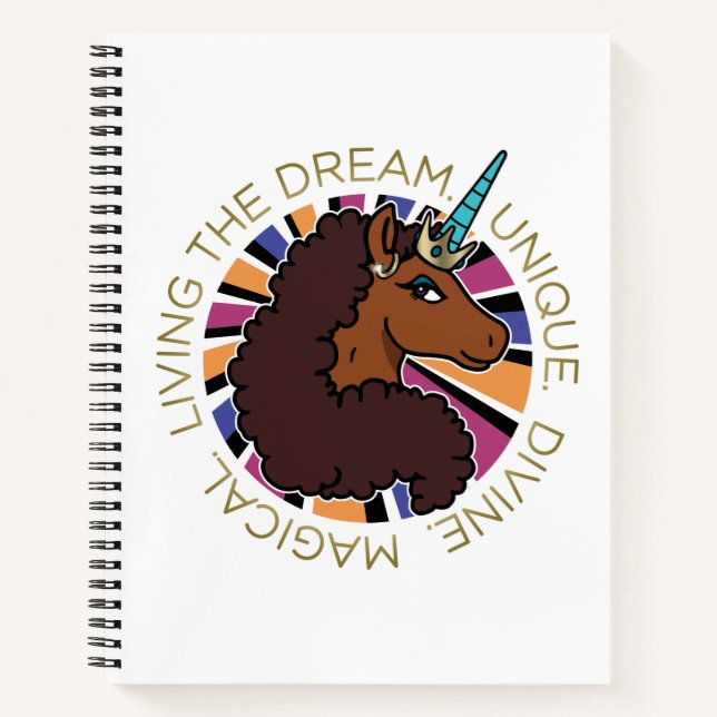 Afro Unicorn Living the Dream Design Notebook (Front)