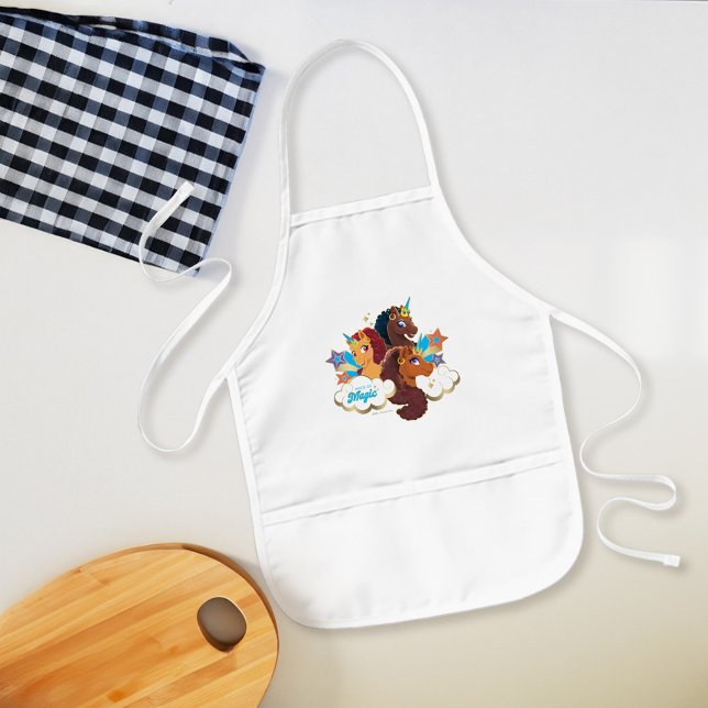 Afro Unicorn “Made of Magic” Trio Design Kids Apron (Apron on counter)