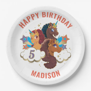 Afro Unicorn Magical Girls Birthday Paper Plate
