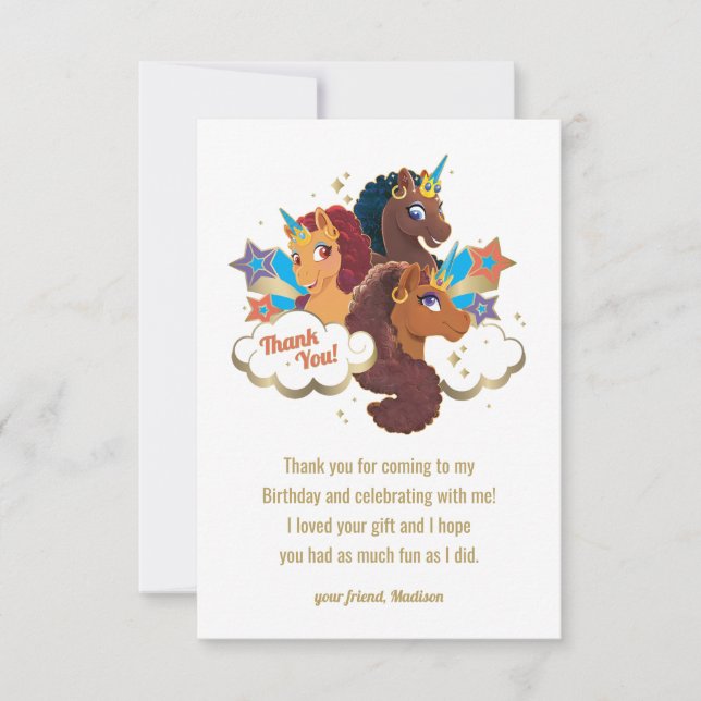 Afro Unicorn | Magical Girls Birthday Thank You Card (Front)