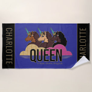 Afro Unicorn Queen Trio Design Beach Towel
