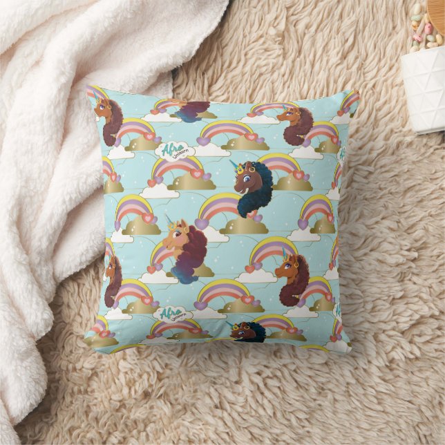 Afro Unicorn Rainbow and Hearts Pattern Cushion (Blanket)