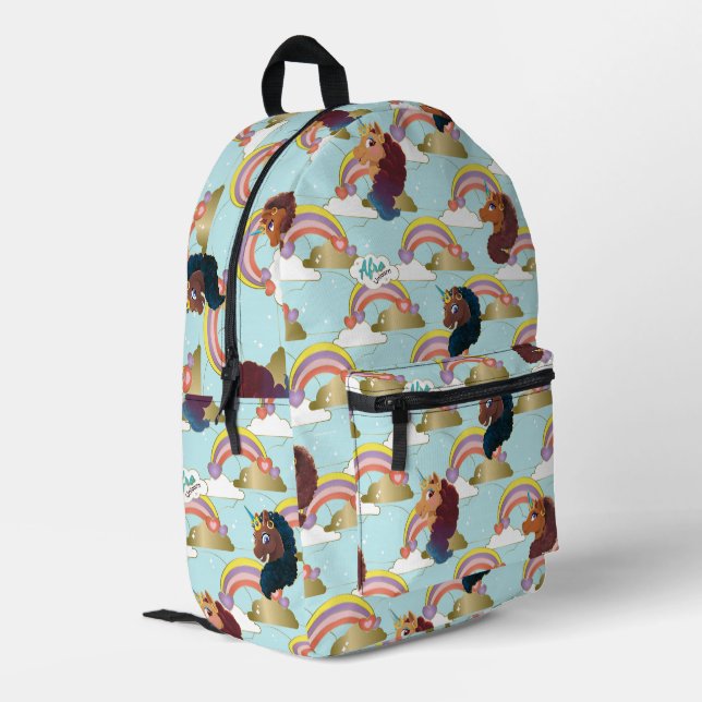 Afro Unicorn Rainbow and Hearts Pattern Printed Backpack (Back Corner Left)