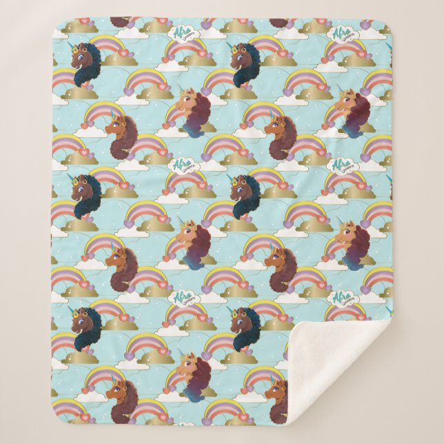 Afro Unicorn Rainbow and Hearts Pattern Sherpa Blanket (Front)
