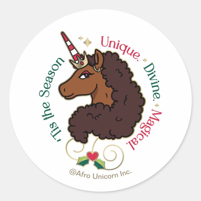 Afro Unicorn 'Tis the Season Holiday Unicorn Classic Round Sticker (Front)