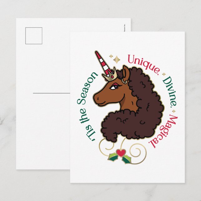 Afro Unicorn 'Tis the Season Holiday Unicorn Postcard (Front/Back)