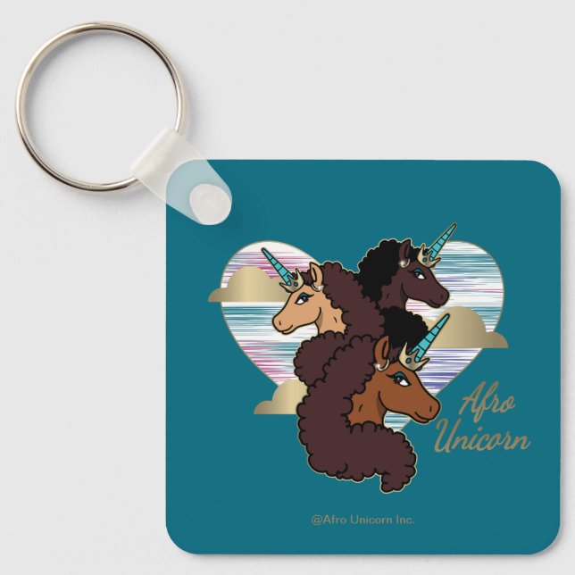 Afro Unicorn Trio Heart Design Key Ring (Front)