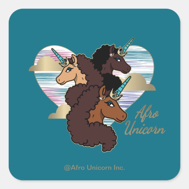 Afro Unicorn Trio Heart Design Square Sticker (Front)
