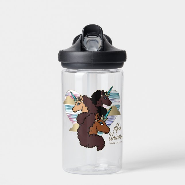 Afro Unicorn Trio Heart Design Water Bottle (Front)