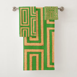 Afro‑Urban Oblong Squares Green Beige Cream Bath Towel Set