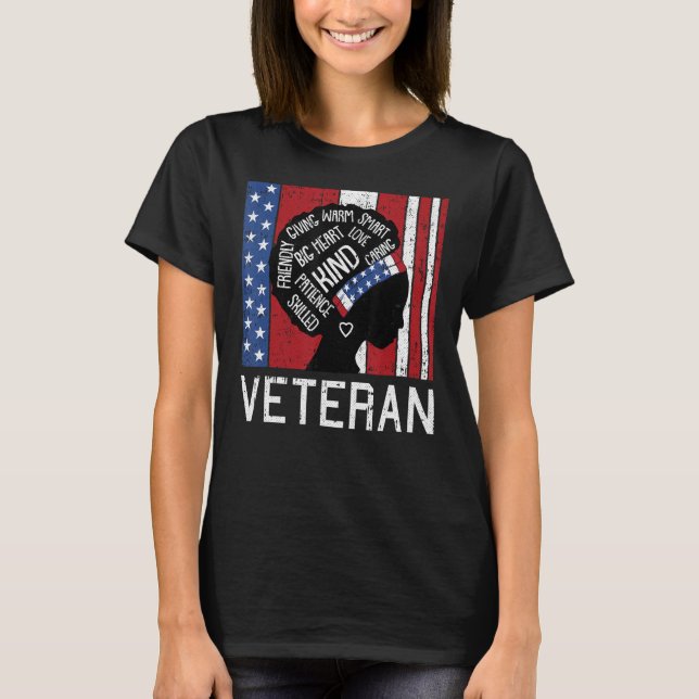 Afro Woman American Flag Veterans Day Army Militar T-Shirt (Front)