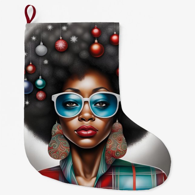 Afro woman elegant and bizarre  holiday mood  large christmas stocking (Front)