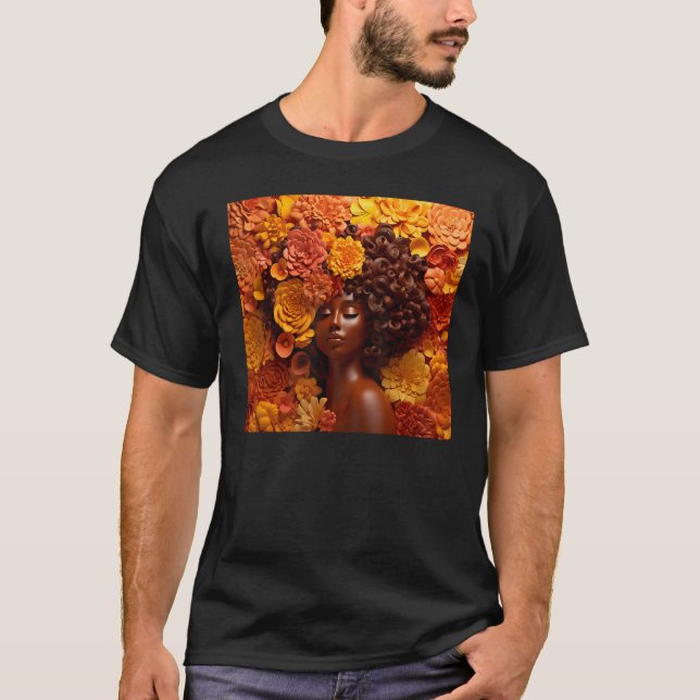 Afro Woman Floral Black Queen Puff Melanin Yellow  T-Shirt (Front)