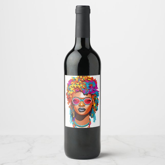 Afro woman with sunglasses, colourful pop art 67 wine label (Front)