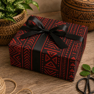 Afrocentric Bold Red and Black Tribal Geometric Wrapping Paper