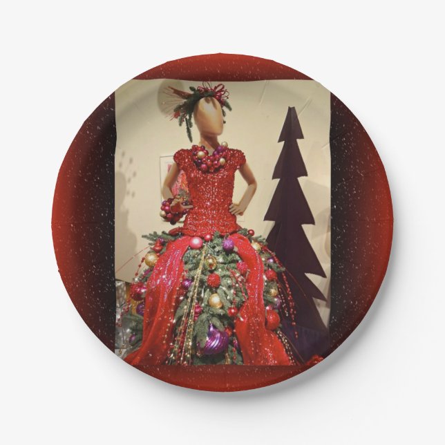 Afrocentric Dress Form Mannequin Christmas Tree Paper Plate (Front)