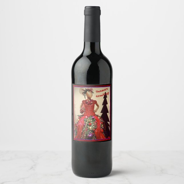 Afrocentric Dress Form Mannequin Christmas Tree Wine Label (Front)
