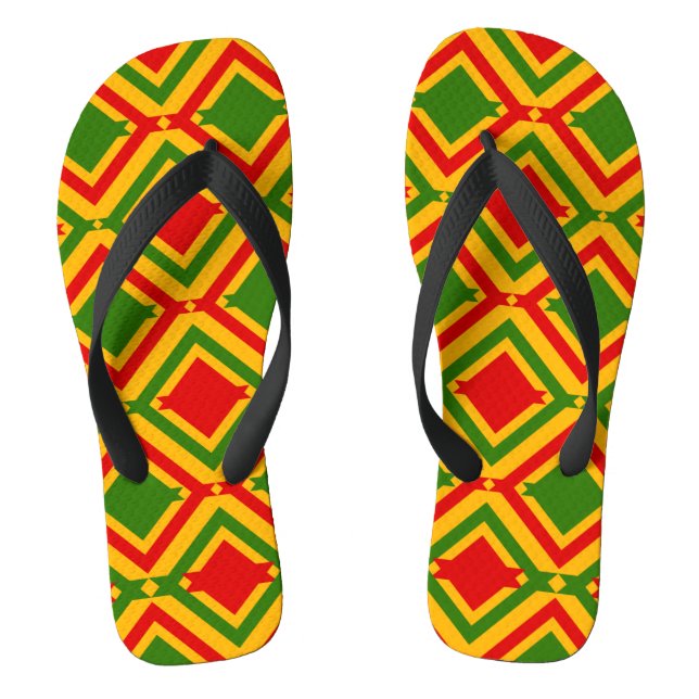 Afrocentric Red Green Yellow Geometric Pattern Flip Flops (Footbed)