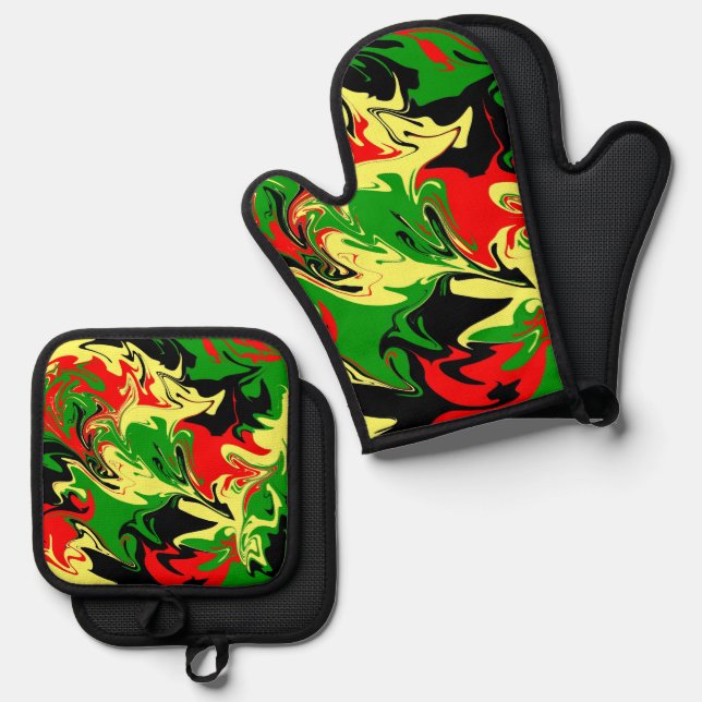 Afrocentric Swirls Oven Mitt & Pot Holder Set (Front/Back)