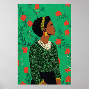 Afrocentric Woman Art Print Green Floral Giclée