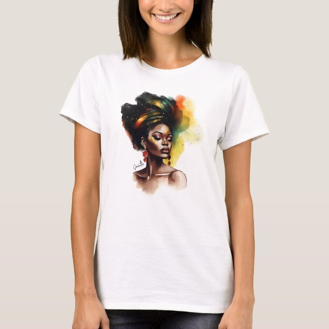 Afrocentric Woman in Vibrant Colours T-Shirt (Front)