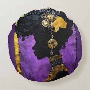 Afrofuturistic Steampunk Woman in Purple  Round Cushion