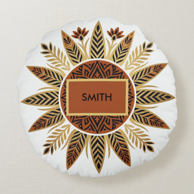 Afrohemian Sunburst Mandala Round Pillow (Back)