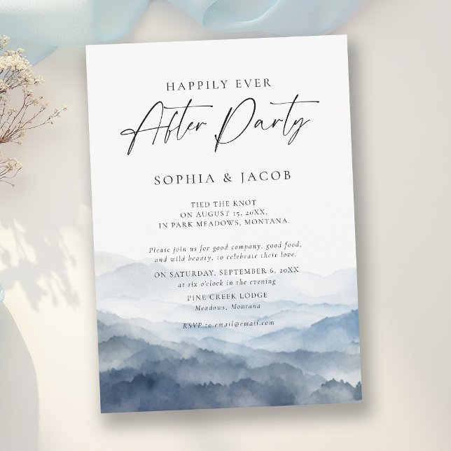 After Party Mountains Range Dusty Blue Wedding Invitation (elopement after party invitation mountain wedding dusty blue watercolor misty rustic romantic chic)