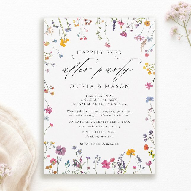 After Party Wildflower Garden Watercolor Wedding Invitation (wildflower wedding after party invite watercolor garden backyard barn summer spring elegant romantic)
