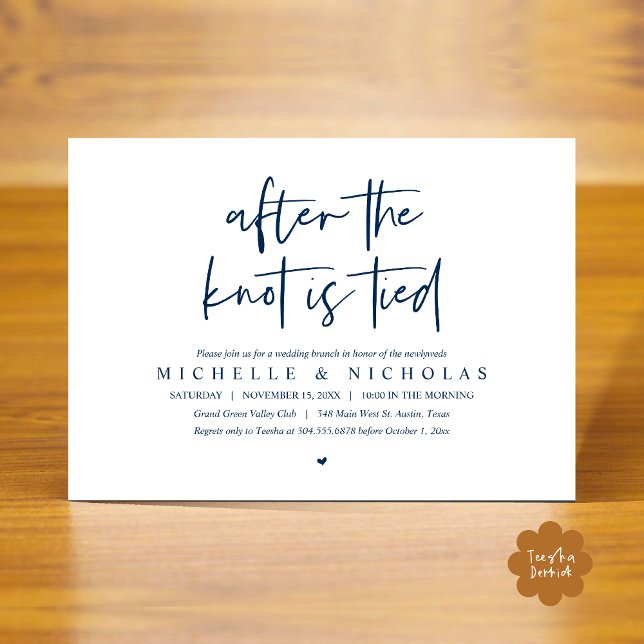 After the knot is tied, Modern Post Wedding Brunch Invitation (After the knot is tied, Modern Casual Post Wedding Brunch Party Dinner Invites Card PDF Navy Blue)