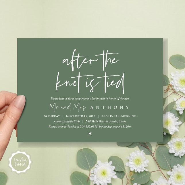 After the knot tied, Happily Ever After Brunch Invitation (After The Knot Is Tied, Post Wedding Brunch Invitation Card, PDF, Modern Script, Forest Sage Green)