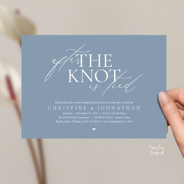 After The Knot Tied, Post Wedding Elopement Brunch Invitation (After The Knot Tied, Post Wedding Elopement Brunch Invitation card contemporary clean dusty blue)