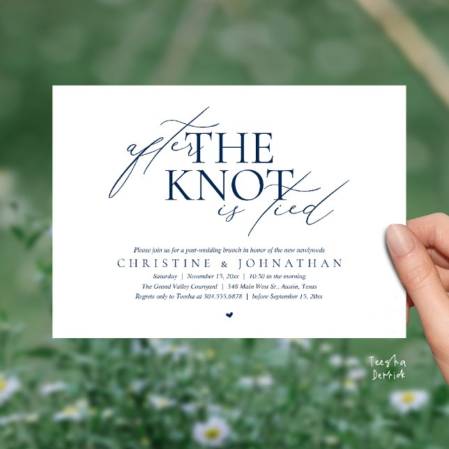 After The Knot Tied, Post Wedding Elopement Brunch Invitation (After The Knot Tied, Post Wedding Elopement Brunch Invitation card contemporary clean navy blue)
