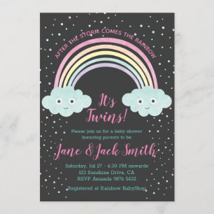 After the Storm Comes Rainbow   Twins Baby Shower Invitation