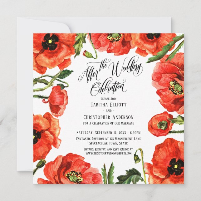 After the Wedding Celebration Red Poppies Wreath Invitation (Front)