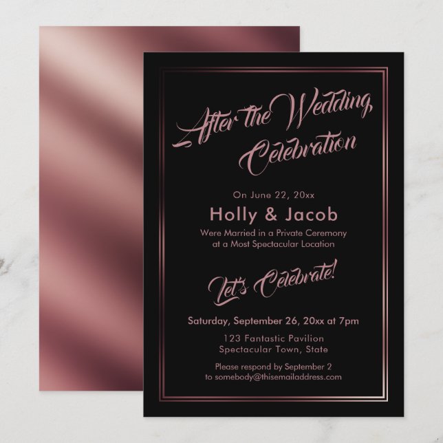 After the Wedding Celebration Rose Gold Over Black Invitation (Front/Back)