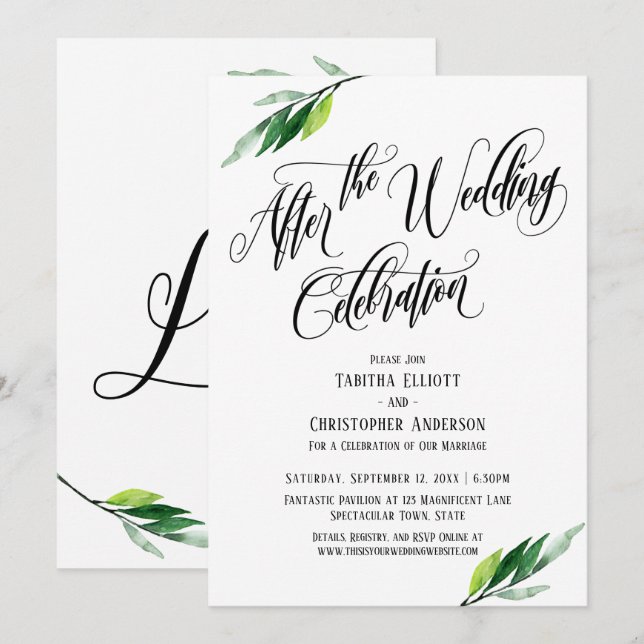 After the Wedding Celebration Script and Greenery Invitation (Front/Back)