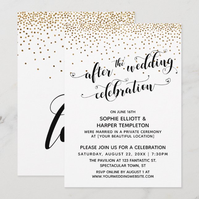 After the Wedding Celebration Script Gold Confetti Invitation (Front/Back)